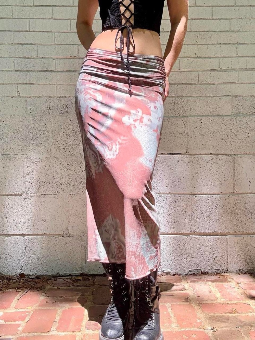 Silence + Noise Urban Outfitters Ruched Rose Print Mesh Maxi Skirt
